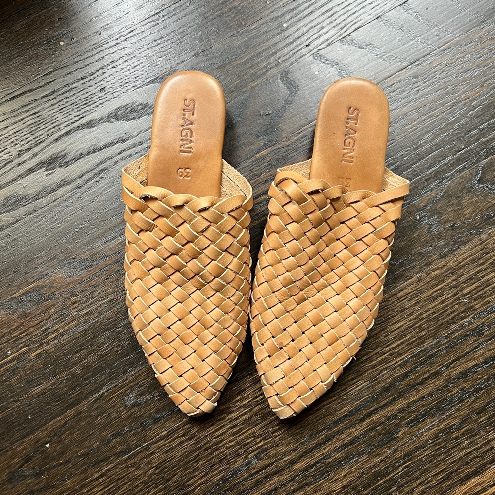 ST. AGNI Light Tan Leather PARIS WOVEN MULES 39